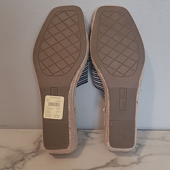 Me Too Cayman Navy Striped Wedge Slip-on Sandals Stretch Bands Wmns 9 Coastal - Picture 12 of 14